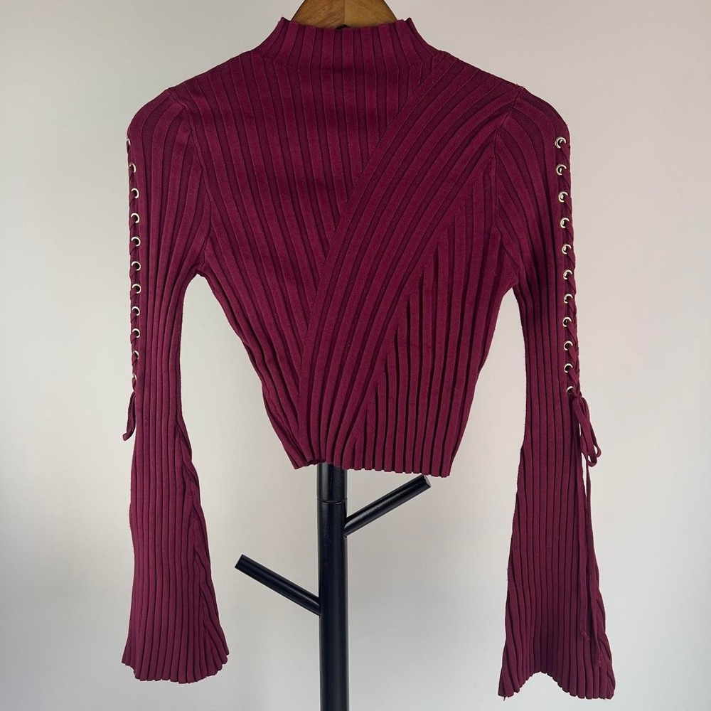 Fashion Nova Burgundy Ribbed Lace Up Bell Sleeve Crop Top M